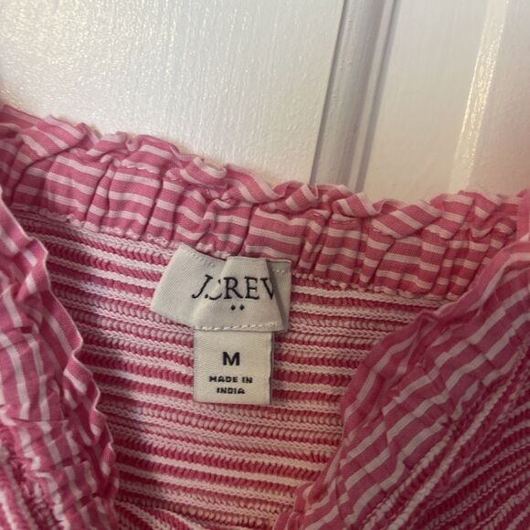 J. Crew Smocked Mini Dress Medium Tiered Pink Striped Ruffle Cottage Prairie - Picture 6 of 9